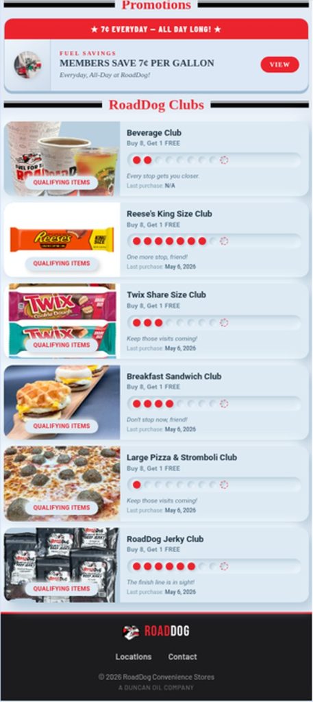 RoadDog Rewards app buy 8 get 1 free clubs