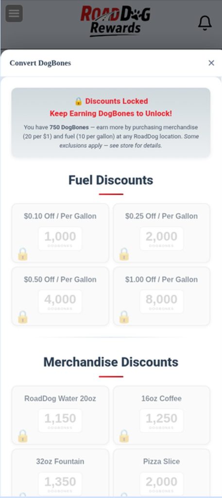 RoadDog Rewards app screen to convert DogBones into fuel and item discounts