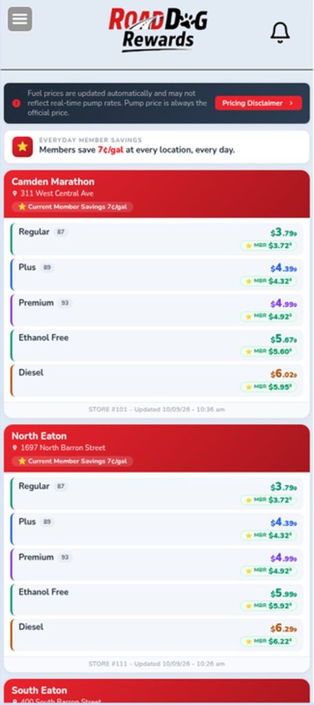 RoadDog Rewards app locations with fuel prices and member savings per store