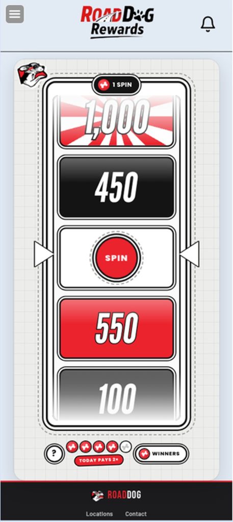 RoadDog Rewards app daily spin game with DogBones prizes and streak bonus